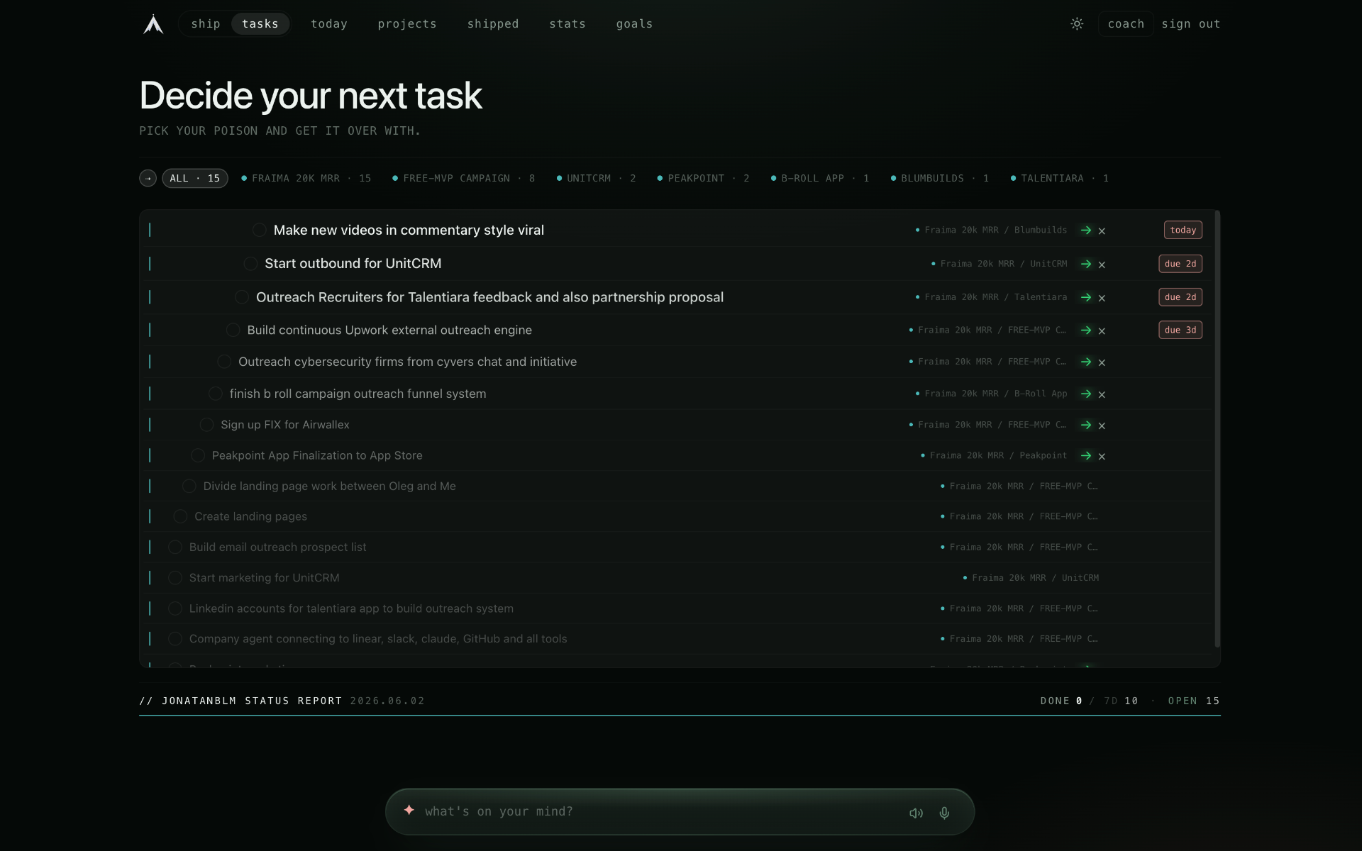 Peakpoint task list — Decide your next task